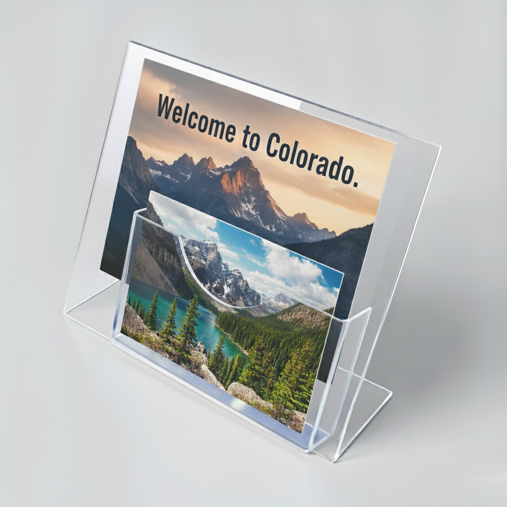Acrylic Sign Holder with Postcard Pocket — Countertop Display – clear acrylic sign or literature display holder for brochures, menus, flyers, or signage, size 8.5 x 11 - pocket size 4 x 6.5. Made in the USA by WebAcrylics.