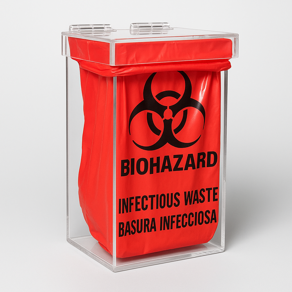Biohazard Waste Container — Clear Acrylic Lab Receptacle – clear acrylic bin, organizer, or holder for retail, office, or countertop use, size 4 x 4 x 9. Made in the USA by WebAcrylics.