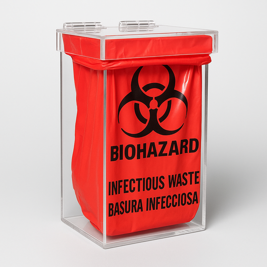 Biohazard Waste Container — Clear Acrylic Lab Receptacle – clear acrylic bin, organizer, or holder for retail, office, or countertop use, size 4 x 4 x 9. Made in the USA by WebAcrylics.