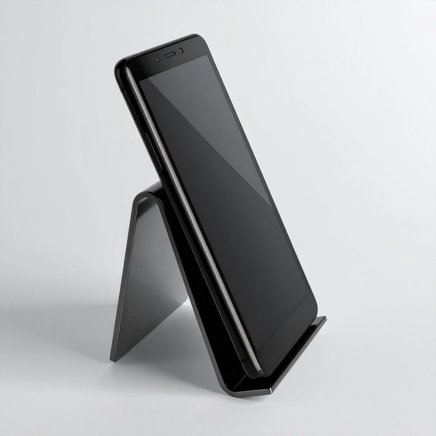 Black Open-Front Easel Smartphone Display — Acrylic Stand – clear acrylic display stand for retail, showroom, or countertop use, size . Made in the USA by WebAcrylics.