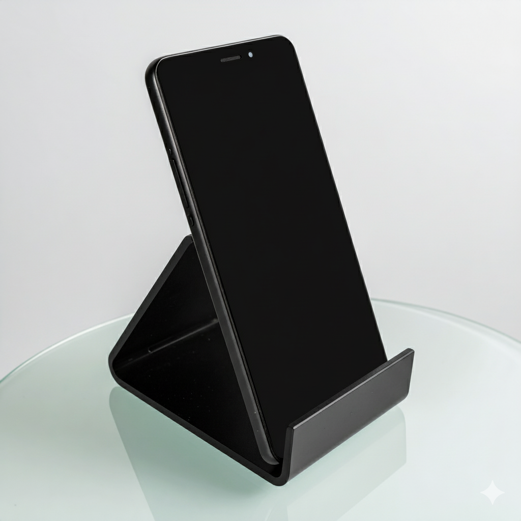 Black Small Easel-Style Cell Phone Display — Acrylic Stand – clear acrylic display stand for retail, showroom, or countertop use, size . Made in the USA by WebAcrylics.