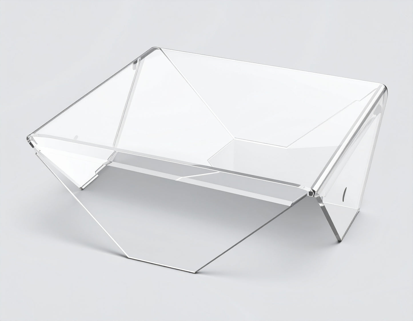 Clear Acrylic Corner-Fold Display Riser — Flat Style – clear acrylic display stand for retail, showroom, or countertop use, size 3 x 3 x 1.5. Made in the USA by WebAcrylics.