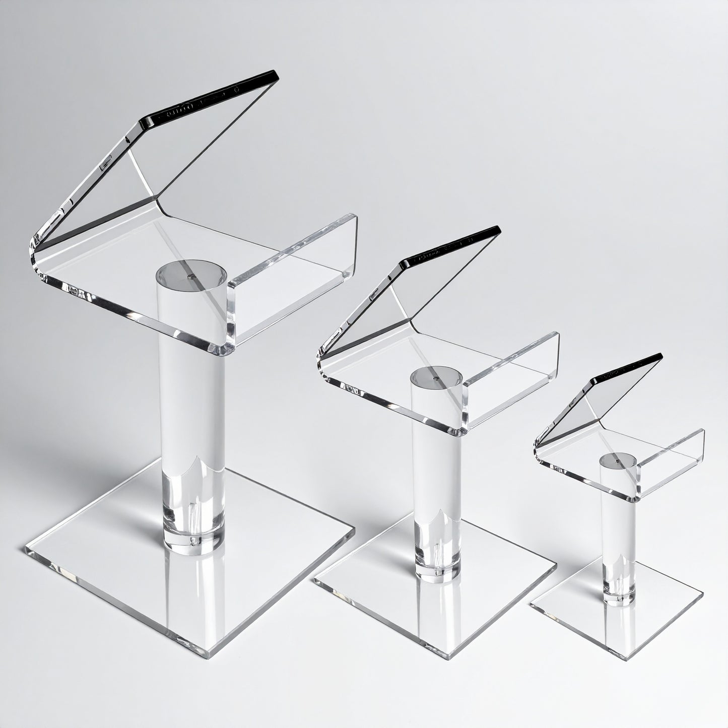 Deluxe Smartphone Display Stand — Clear Acrylic – clear acrylic display stand for retail, showroom, or countertop use, size 6" high. Made in the USA by WebAcrylics.