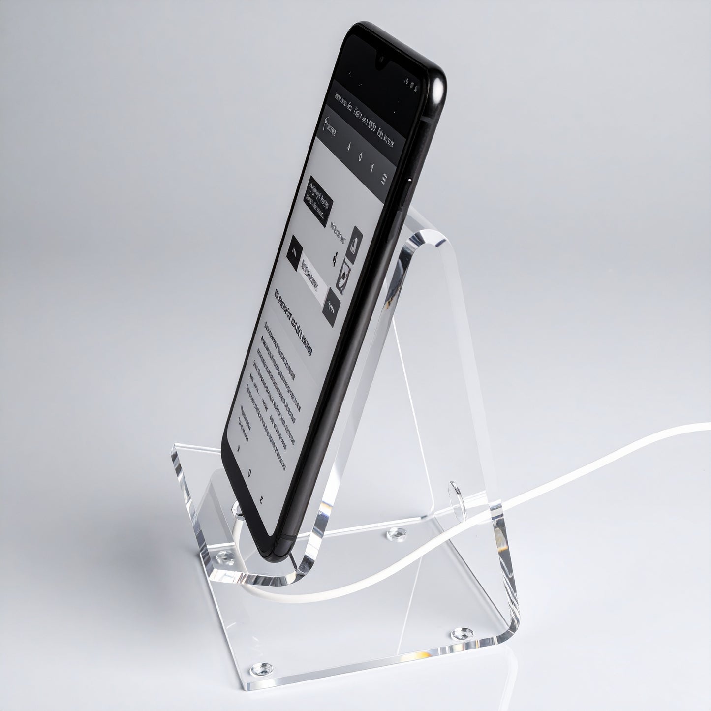 Deluxe Smartphone Display Stand — Power-Cord Model — Clear Acrylic – clear acrylic display stand for retail, showroom, or countertop use, size . Made in the USA by WebAcrylics.