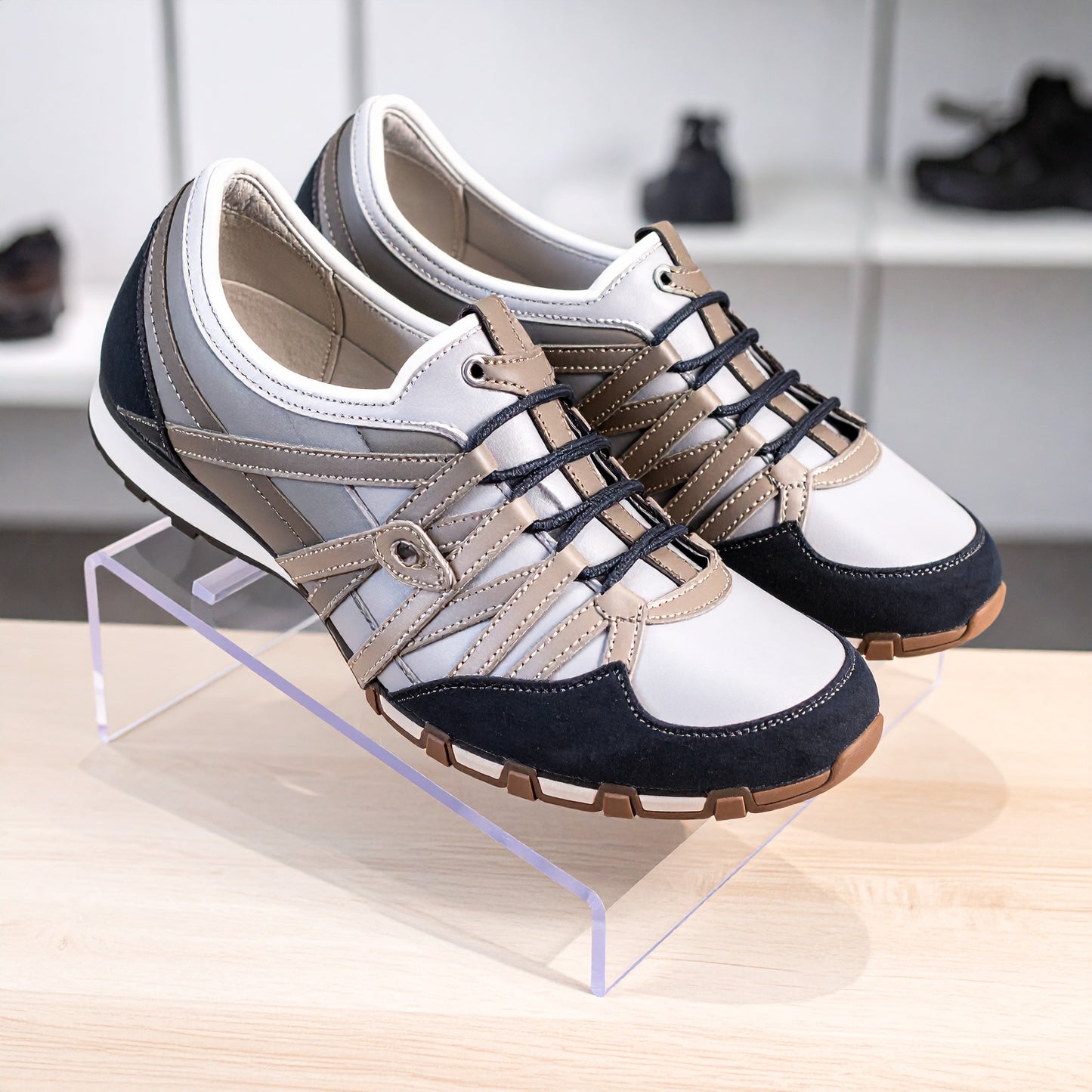 Double-Wide Slant-Style Shoe Riser — Clear Acrylic – clear acrylic display stand for retail, showroom, or countertop use, size . Made in the USA by WebAcrylics.