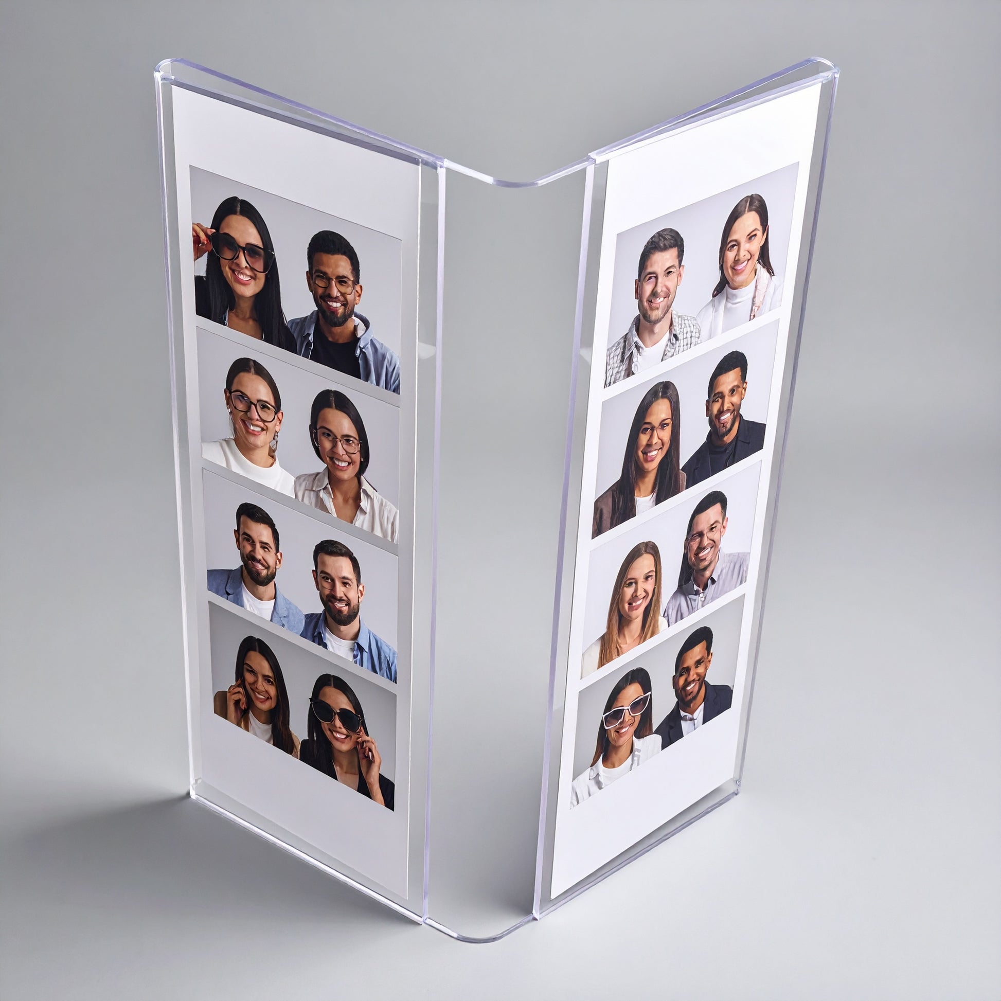 Dual-Section Photo Booth Frame — Holds 4 Strip Photos – clear acrylic sign or literature display holder for brochures, menus, flyers, or signage, size . Made in the USA by WebAcrylics.