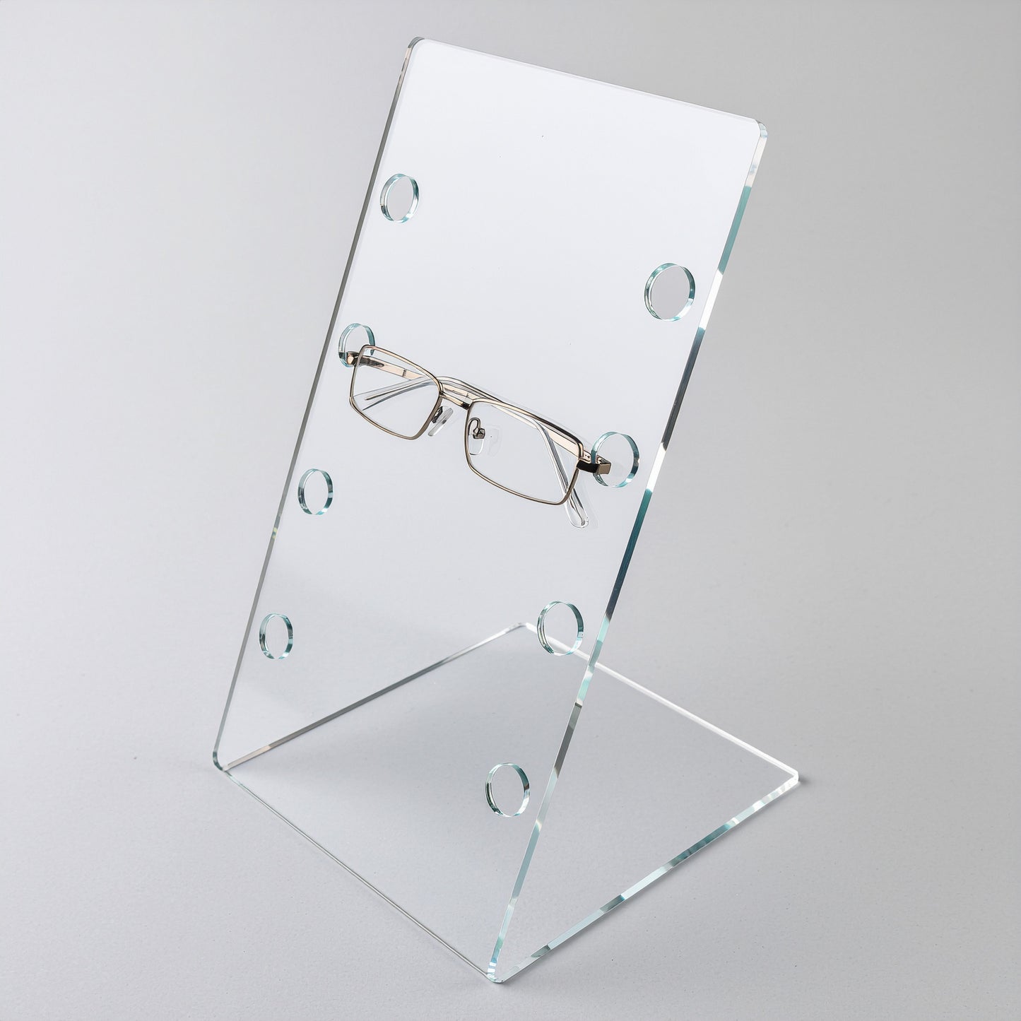 Eyeglass Display Holder — Slanted Stand — Clear Acrylic – clear acrylic display stand for retail, showroom, or countertop use, size 4 Pairs. Made in the USA by WebAcrylics.
