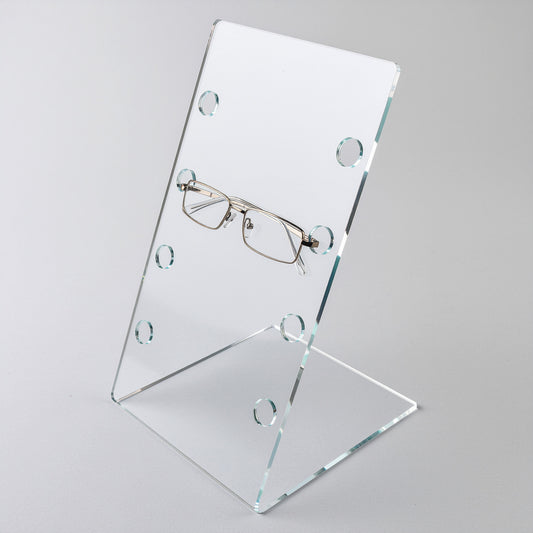 Eyeglass Display Holder — Slanted Stand — Clear Acrylic – clear acrylic display stand for retail, showroom, or countertop use, size 4 Pairs. Made in the USA by WebAcrylics.