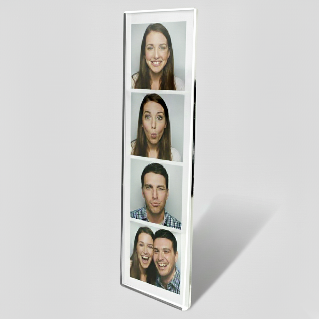 Magnetic Photo Booth Frame — Clear Acrylic Strip Holder – clear acrylic sign or literature display holder for brochures, menus, flyers, or signage, size 2 x 6. Made in the USA by WebAcrylics.