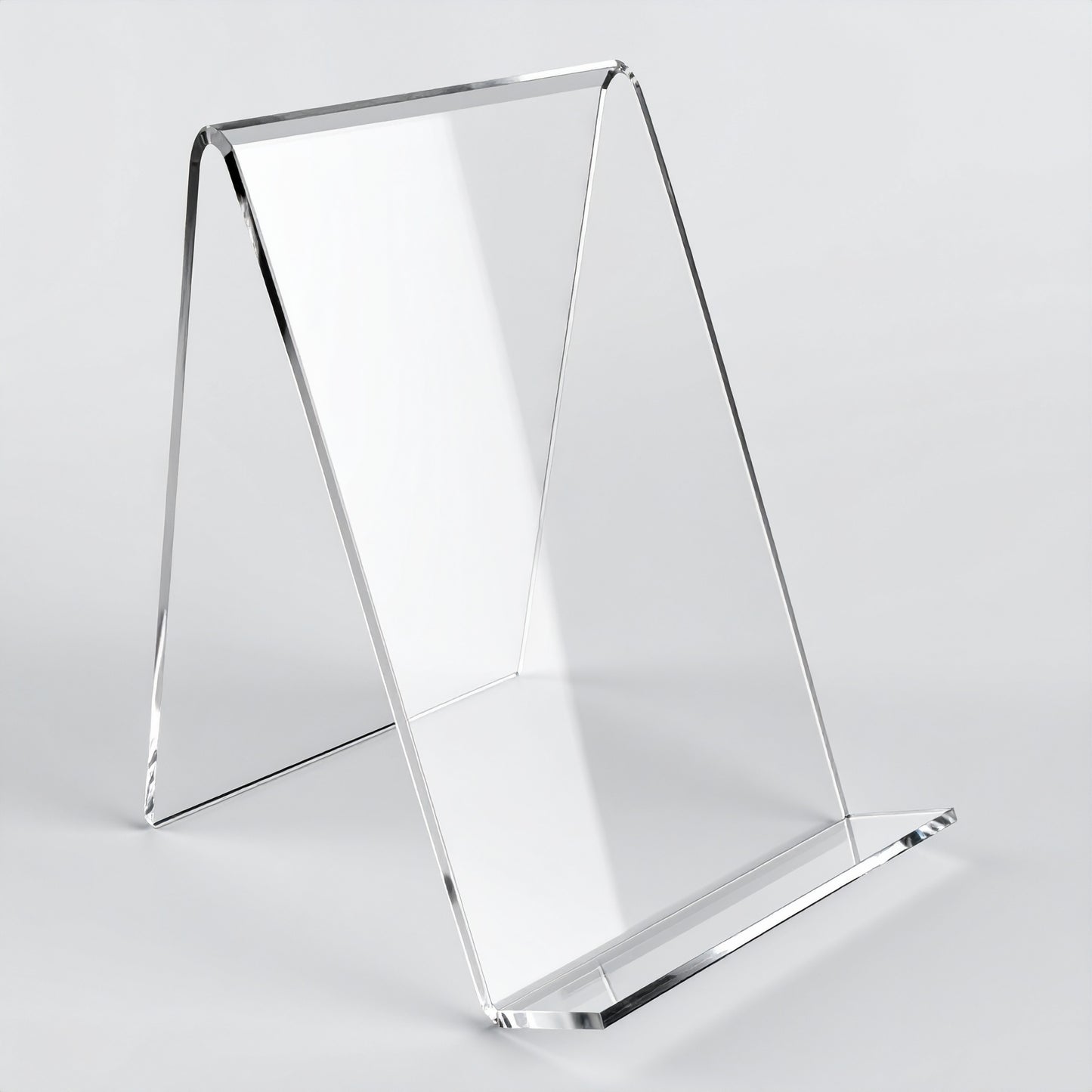 Open-Front Easel Display Holder — Clear Acrylic – clear acrylic display stand for retail, showroom, or countertop use, size 11 x 11 x 8.5. Made in the USA by WebAcrylics.