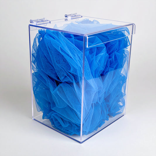 Personal Protection Dispenser — Clear Acrylic PPE Holder – clear acrylic bin, organizer, or holder for retail, office, or countertop use, size 10 x 10 x 10. Made in the USA by WebAcrylics.
