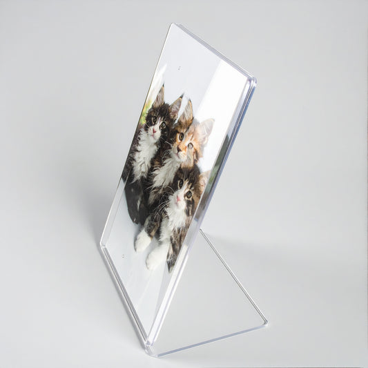 Premium Slant-Back Acrylic Sign Holder — Countertop Display – clear acrylic sign or literature display holder for brochures, menus, flyers, or signage, size 4 x 6. Made in the USA by WebAcrylics.