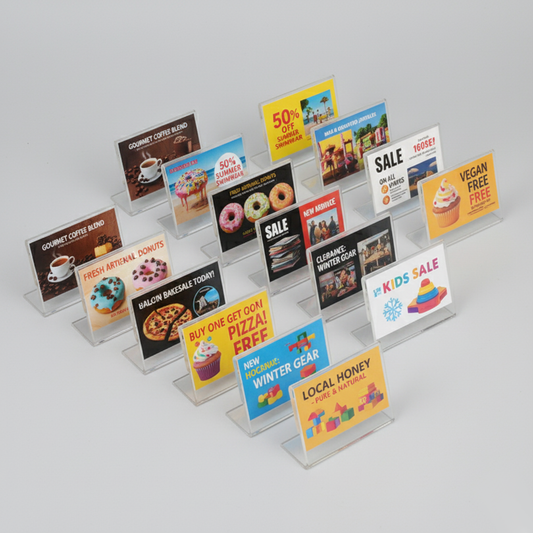 Price Label Display Stand Holders — Clear Acrylic — Set of 10 – clear acrylic sign or literature display holder for brochures, menus, flyers, or signage, size . Made in the USA by WebAcrylics.