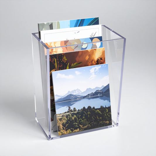 Rectangle Literature Display Holder — Clear Acrylic – clear acrylic bin, organizer, or holder for retail, office, or countertop use, size 11.25 x 3 x 8.5. Made in the USA by WebAcrylics.