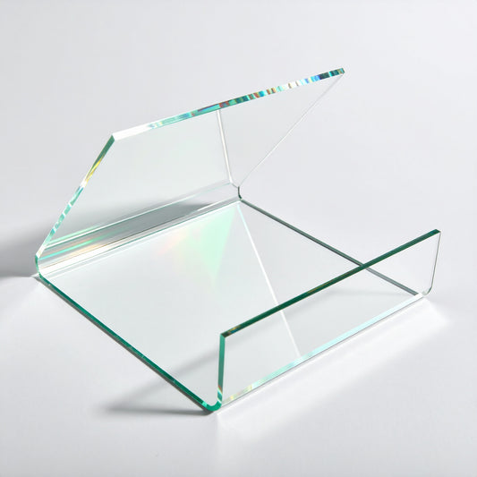 Reverse Easel Display Stand — Clear Acrylic – clear acrylic display stand for retail, showroom, or countertop use, size 10 x 10 x 8. Made in the USA by WebAcrylics.