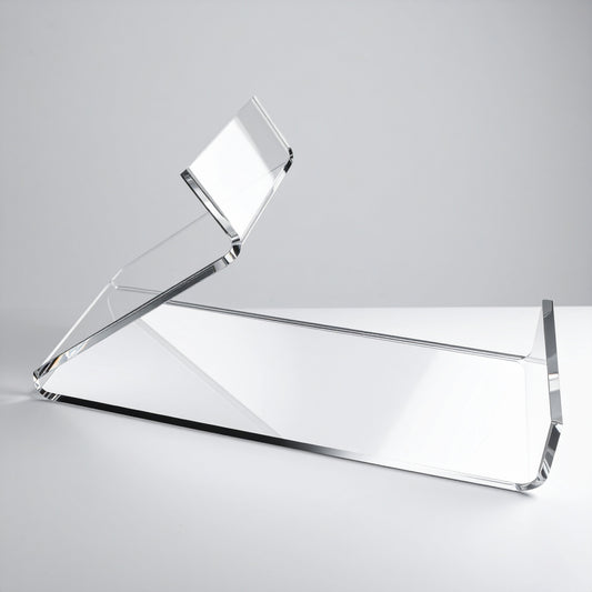 Reverse Easel Shoe Display — Clear Acrylic – clear acrylic display stand for retail, showroom, or countertop use, size 4 x 5. Made in the USA by WebAcrylics.