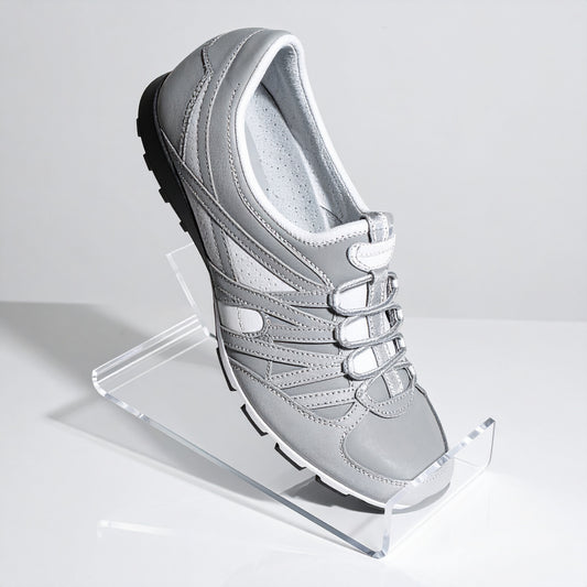 Reverse Easel Shoe Display — Clear Acrylic – clear acrylic display stand for retail, showroom, or countertop use, size 4 x 5. Made in the USA by WebAcrylics.
