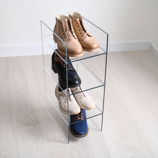 Shoe Skyscraper Shelf — Clear Acrylic Tiered Display – clear acrylic bin, organizer, or holder for retail, office, or countertop use, size . Made in the USA by WebAcrylics.