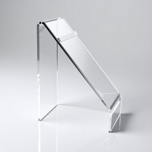 Slant-Style Shoe Riser — Clear Acrylic – clear acrylic display stand for retail, showroom, or countertop use, size 4 x 5. Made in the USA by WebAcrylics.