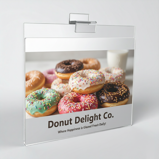 Slatwall-Mount Folded Acrylic Sign Holder — Clear Display Frame – clear acrylic sign or literature display holder for brochures, menus, flyers, or signage, size 4.25 x 5.5. Made in the USA by WebAcrylics.