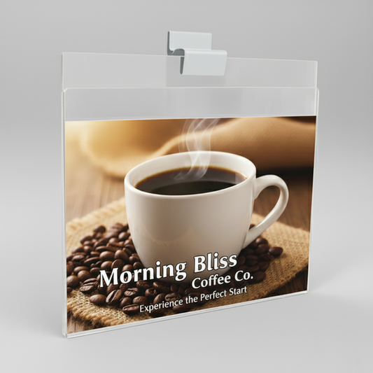 Slatwall-Mount Folded Acrylic Sign Holder — Clear Display Frame – clear acrylic sign or literature display holder for brochures, menus, flyers, or signage, size 4.25 x 5.5. Made in the USA by WebAcrylics.