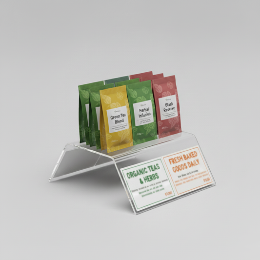 Small Display Riser with Two Slanted Sign Holders — Clear Acrylic – clear acrylic display stand for retail, showroom, or countertop use, size . Made in the USA by WebAcrylics.