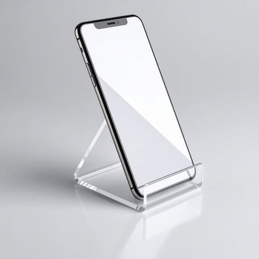 Small Easel-Style Cell Phone Display — Clear Acrylic – clear acrylic display stand for retail, showroom, or countertop use, size . Made in the USA by WebAcrylics.
