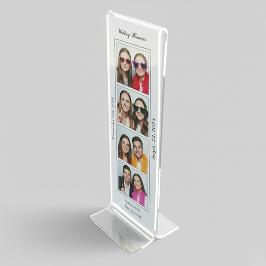 T-Style Photo Booth Frame — Clear Acrylic Strip Display – clear acrylic sign or literature display holder for brochures, menus, flyers, or signage, size 2 x 6. Made in the USA by WebAcrylics.