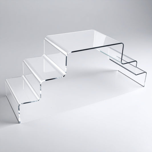 Three-Step Acrylic Stairway Display Riser — Clear – clear acrylic display stand for retail, showroom, or countertop use, size . Made in the USA by WebAcrylics.