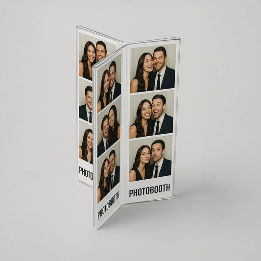 Triple-Section Photo Booth Frame — Holds 6 Strip Photos – clear acrylic sign or literature display holder for brochures, menus, flyers, or signage, size . Made in the USA by WebAcrylics.