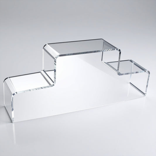 Two-Step Acrylic Stairway Display Riser — Clear – clear acrylic display stand for retail, showroom, or countertop use, size . Made in the USA by WebAcrylics.