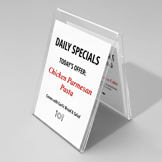 V-Style Acrylic Sign Holder — Double-Sided Countertop Display – clear acrylic sign or literature display holder for brochures, menus, flyers, or signage, size 5 x 7. Made in the USA by WebAcrylics.