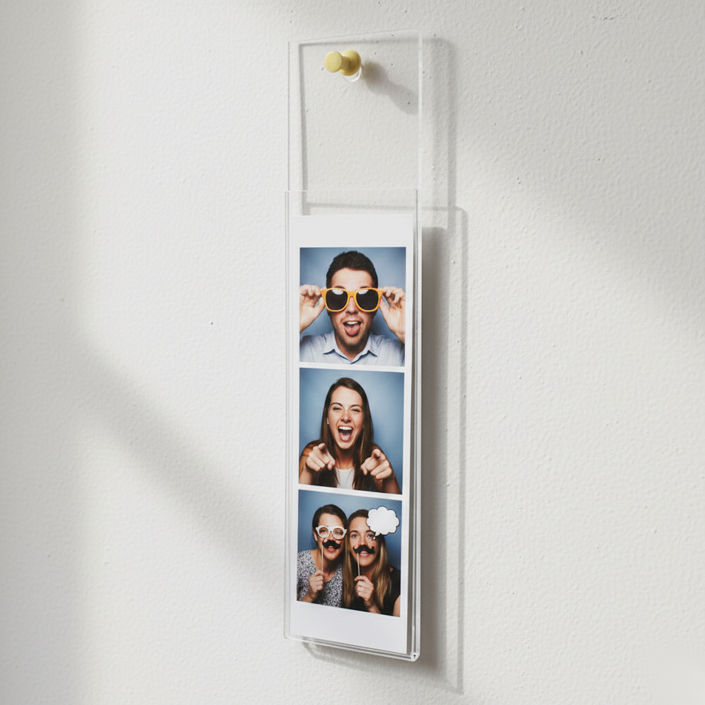 Wall-Mount Photo Booth Frame — Clear Acrylic Strip Display – clear acrylic sign or literature display holder for brochures, menus, flyers, or signage, size 2 x 6. Made in the USA by WebAcrylics.