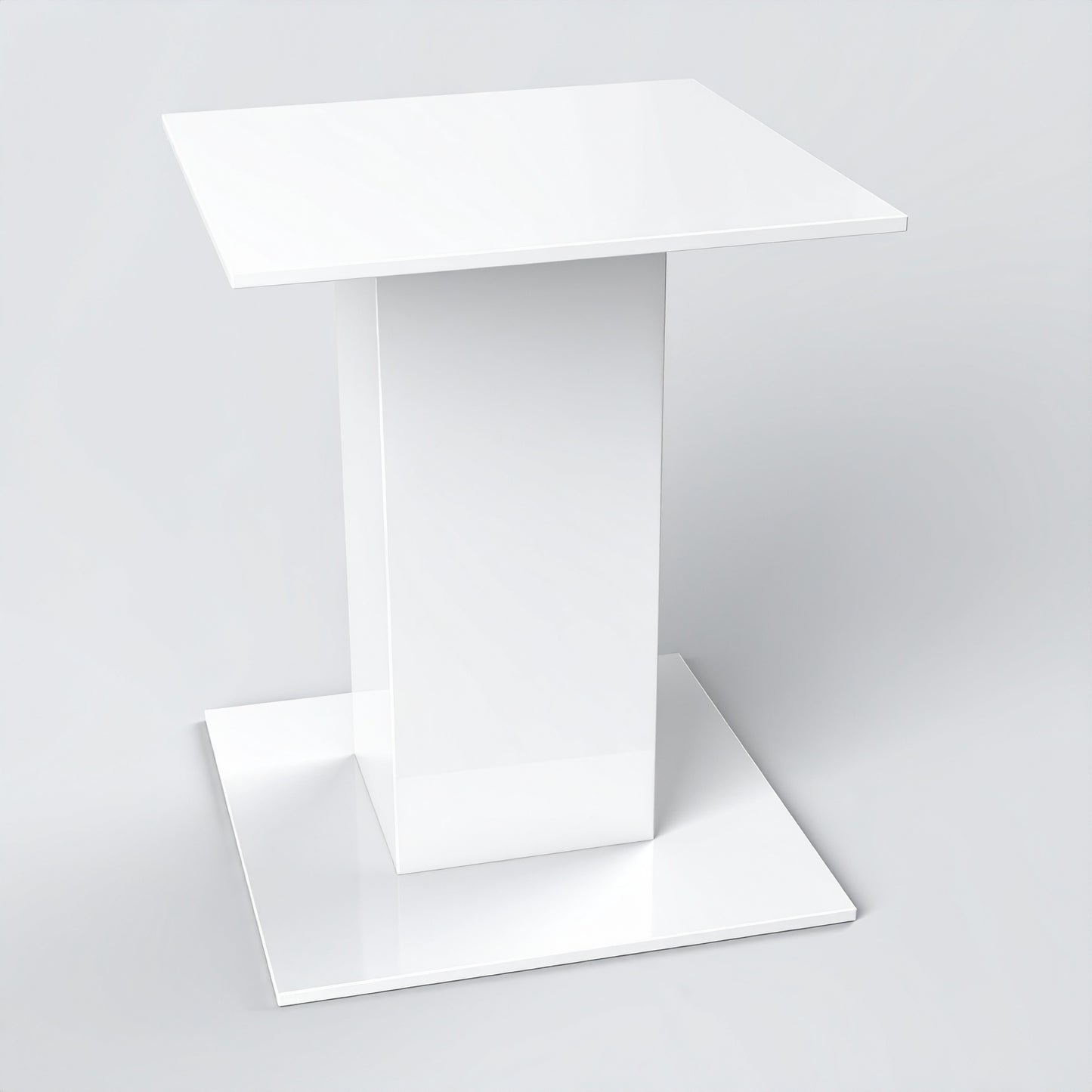 White Acrylic Pedestal Display Riser — Square Tabletop – clear acrylic display stand for retail, showroom, or countertop use, size 4 x 4 x 4. Made in the USA by WebAcrylics.