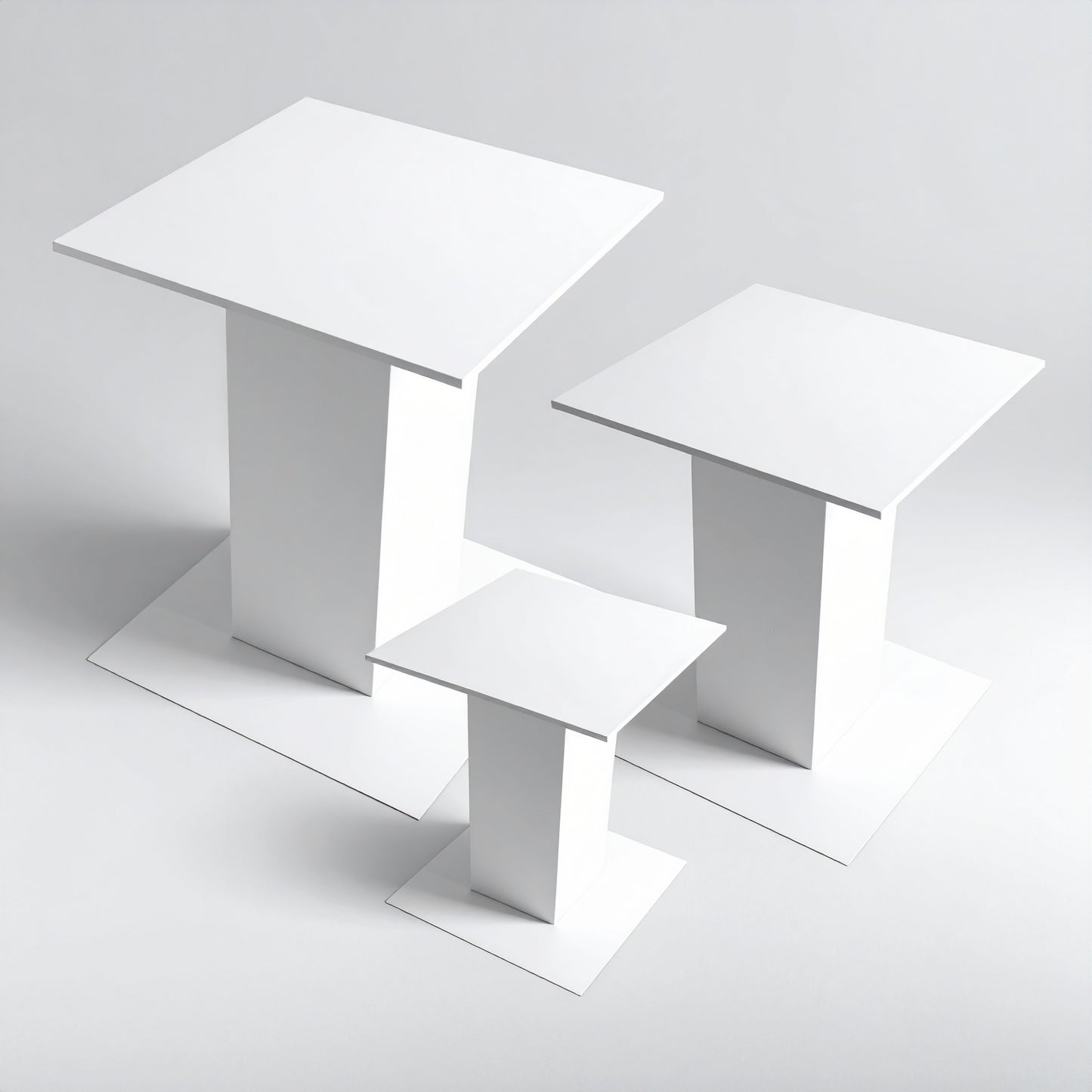 White Acrylic Pedestal Set — Tiered Display Collection – clear acrylic display stand for retail, showroom, or countertop use, size 3x3x4, 3x3x5, 3x3x6. Made in the USA by WebAcrylics.