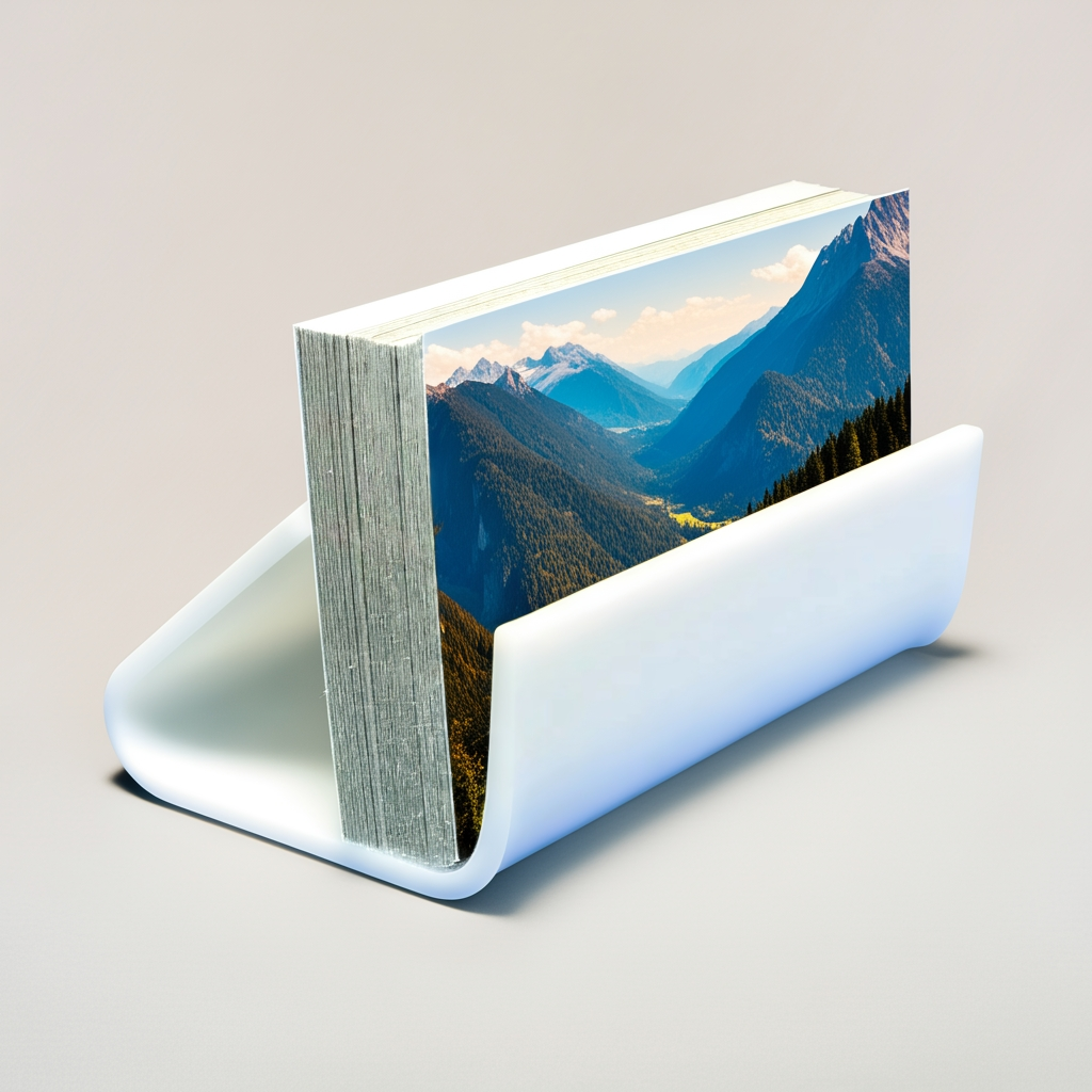 White Horizontal Business Card & Small Item Holder — Easel — Acrylic – clear acrylic display stand for retail, showroom, or countertop use, size . Made in the USA by WebAcrylics.