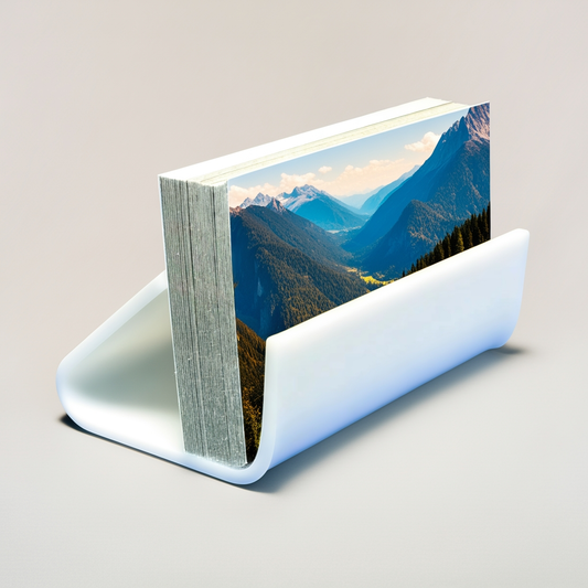 White Horizontal Business Card & Small Item Holder — Easel — Acrylic – clear acrylic display stand for retail, showroom, or countertop use, size . Made in the USA by WebAcrylics.