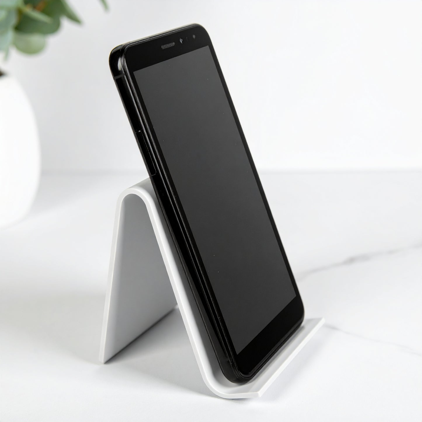 White Open-Front Easel Smartphone Display — Acrylic Stand – clear acrylic display stand for retail, showroom, or countertop use, size . Made in the USA by WebAcrylics.