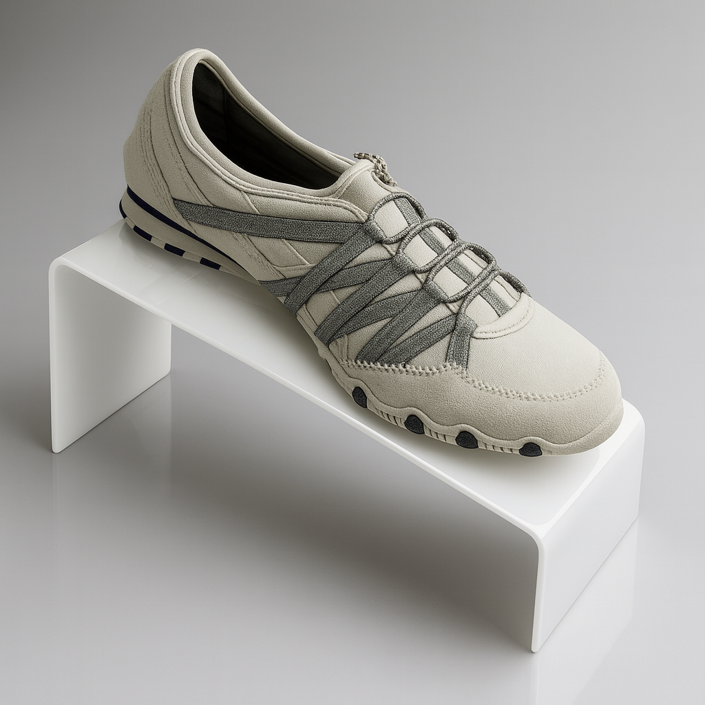 White Slant-Style Shoe Riser — Acrylic Footwear Display – clear acrylic display stand for retail, showroom, or countertop use, size 4 x 5. Made in the USA by WebAcrylics.