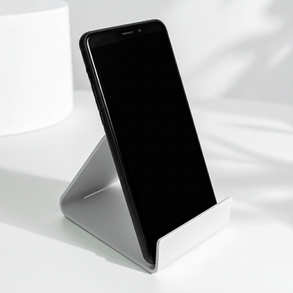 White Small Easel-Style Cell Phone Display — Acrylic Stand – clear acrylic display stand for retail, showroom, or countertop use, size . Made in the USA by WebAcrylics.