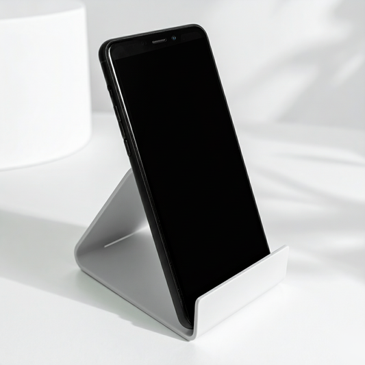 White Small Easel-Style Cell Phone Display — Acrylic Stand – clear acrylic display stand for retail, showroom, or countertop use, size . Made in the USA by WebAcrylics.