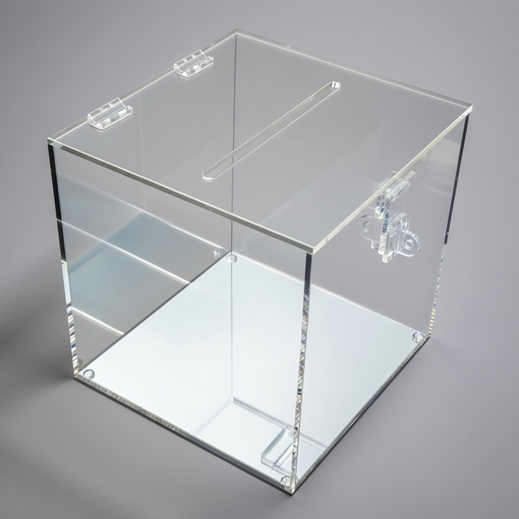 Acrylic Contest/Raffle Ballot Box — Clear Collection Box – clear acrylic bin, organizer, or holder for retail, office, or countertop use, size 8 x 8 x 8. Made in the USA by WebAcrylics.