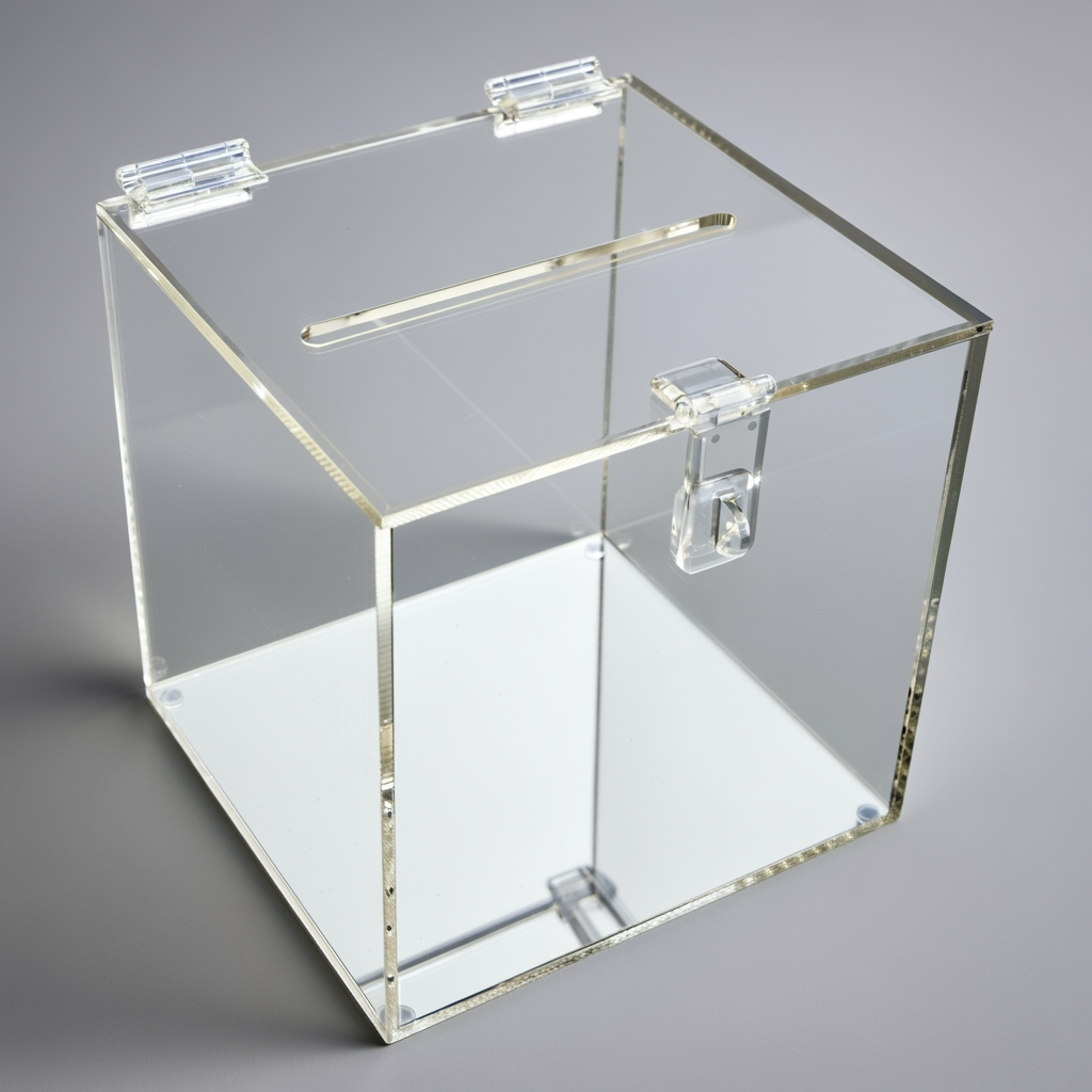 Acrylic Contest/Raffle Ballot Box — Clear Collection Box – clear acrylic bin, organizer, or holder for retail, office, or countertop use, size 8 x 8 x 8. Made in the USA by WebAcrylics.