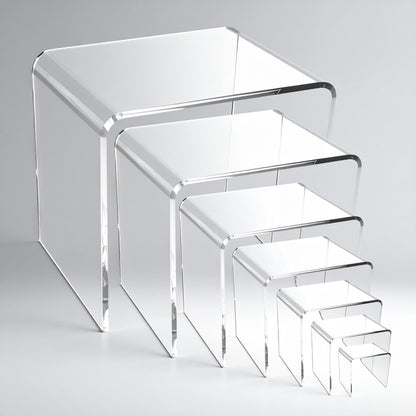 Acrylic Display Riser Set — Clear Tiered Stands – clear acrylic display stand for retail, showroom, or countertop use, size 2x2x2, 3x3x3, 4x4x4. Made in the USA by WebAcrylics.