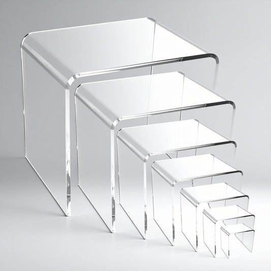 Acrylic Display Riser Set — Clear Tiered Stands – clear acrylic display stand for retail, showroom, or countertop use, size 2x2x2, 3x3x3, 4x4x4. Made in the USA by WebAcrylics.