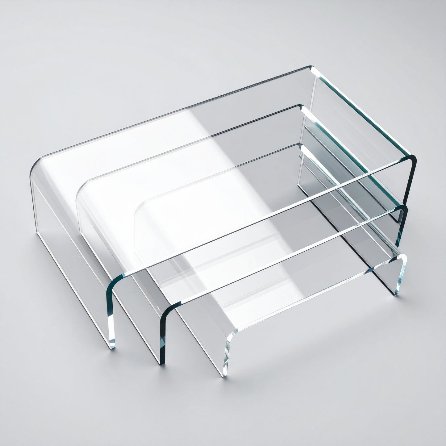 Acrylic Display Riser Set — Clear Tiered Stands – clear acrylic display stand for retail, showroom, or countertop use, size 2x2x2, 3x3x3, 4x4x4. Made in the USA by WebAcrylics.