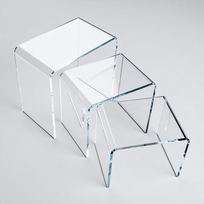 Acrylic Display Riser Set — Clear Tiered Stands – clear acrylic display stand for retail, showroom, or countertop use, size 2x2x2, 3x3x3, 4x4x4. Made in the USA by WebAcrylics.