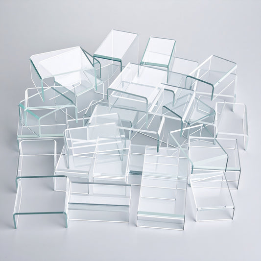 Acrylic Display Risers — Mixed Sizes — 41-Piece Discount Lot (Clear) – clear acrylic display stand for retail, showroom, or countertop use, size . Made in the USA by WebAcrylics.