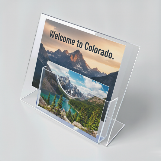 Acrylic Sign Holder with Postcard Pocket — Countertop Display – clear acrylic sign or literature display holder for brochures, menus, flyers, or signage, size 8.5 x 11 - pocket size 4 x 6.5. Made in the USA by WebAcrylics.