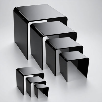 Black Acrylic Display Riser Set — Opaque Tiered Stands – clear acrylic display stand for retail, showroom, or countertop use, size 2x2x2, 3x3x3, 4x4x4. Made in the USA by WebAcrylics.